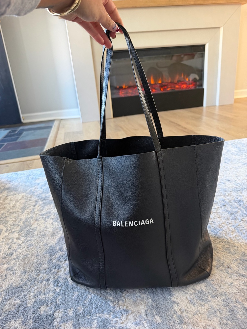 Balenciaga Black Leather Tote with White Logo